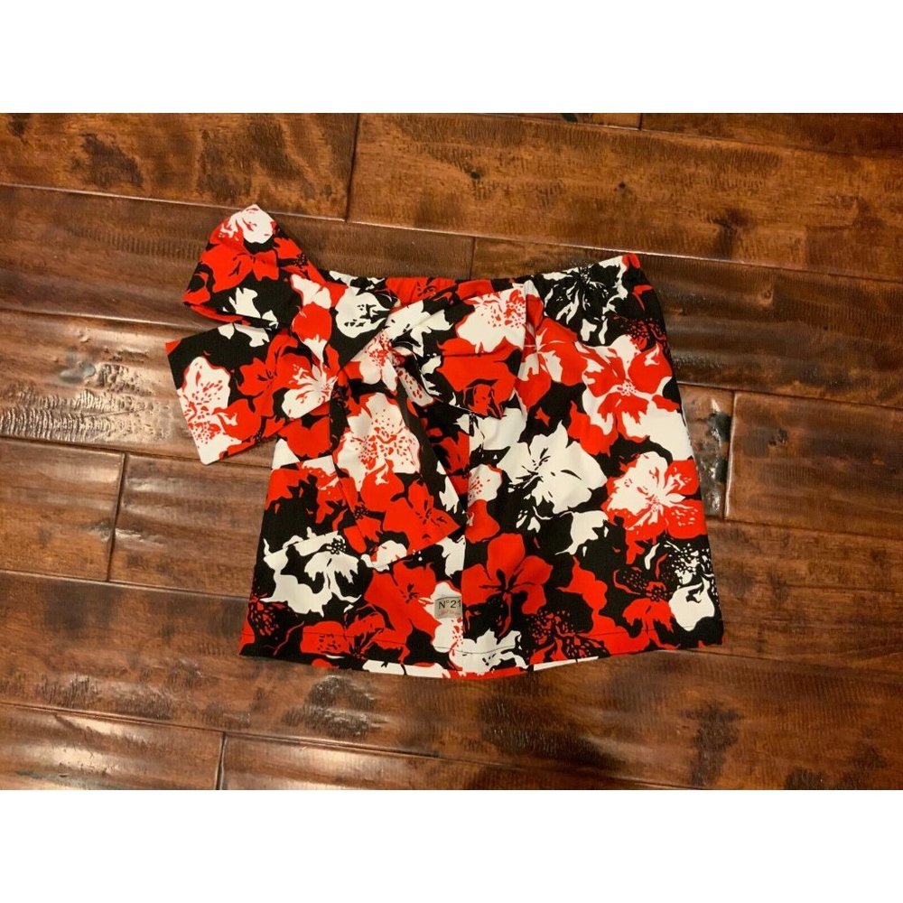 No. 21 Red, White & Black Floral Print Mini Skirt W/ Bow, Size 12